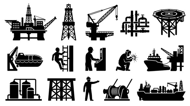 Offshore Oil Gas Drilling Rigs, Ships, Workers - Black  White Glyph Icons Set