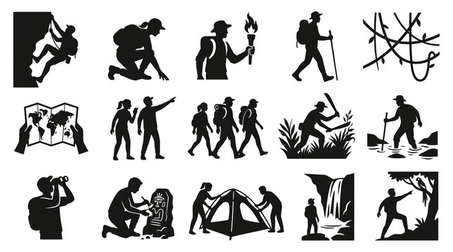 Outdoor Adventure  Exploration Activities Glyph Silhouettes Vector Set