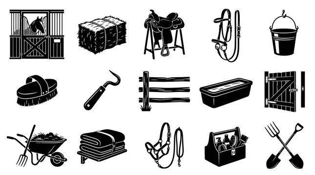 Horse Stable Equipment Black and White Vector Icons Set