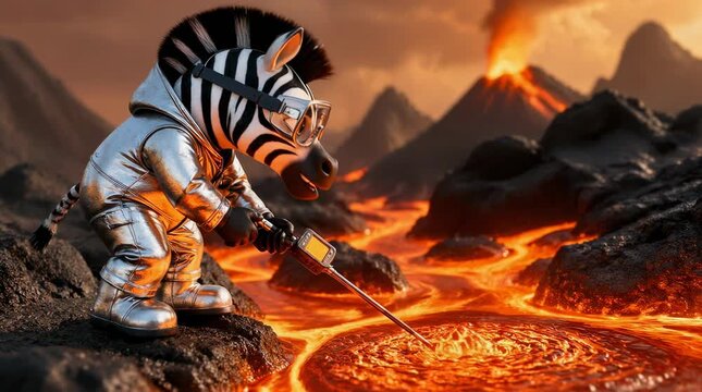 A cartoon zebra in a metallic silver hazmat suit stands on a jagged volcanic rock, exploring a dangerous molten landscape with scientific equipment during an intense volcanic eruption.