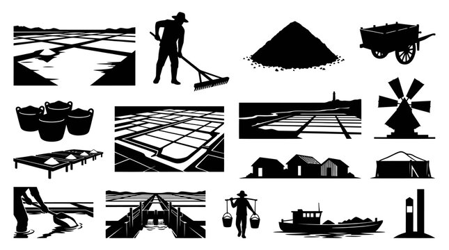Salt harvesting in salt pans with farmer and equipment, black and white
