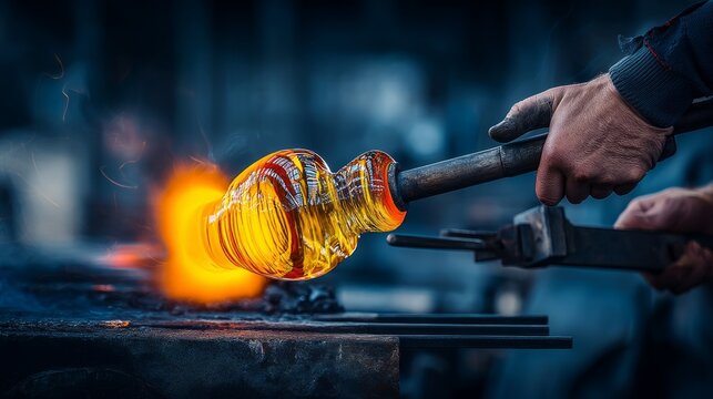 Glassblower Shaping Molten Glass into Artistic Creations