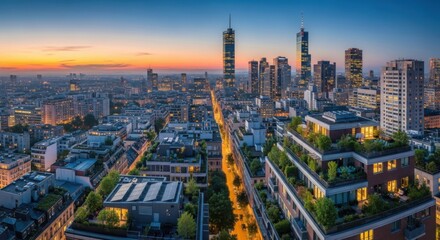 Obraz premium Aerial view of a modern cityscape at dusk with green rooftop gardens and illuminated skyscrapers.