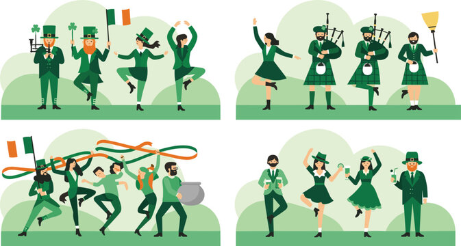 St. Patrick's Day Celebration with Dancers, Bagpipers, and Leprechauns, Festive Green Costume Illustrations for Irish Holiday and Festival Designs