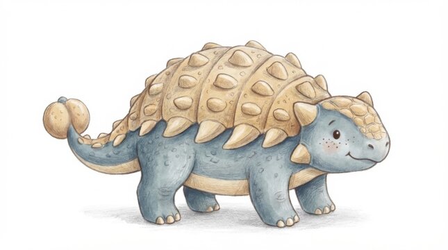 Cute armored dinosaur stands on soft ground. Blue-grey body, yellow spines, and tail with knobs. Round head, gentle eyes, small cheeks, and stubby legs. Adorable creature looks friendly, calm