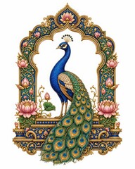Naklejka premium Ornate Golden Window Frame With Colorful Floral Patterns And Carvings