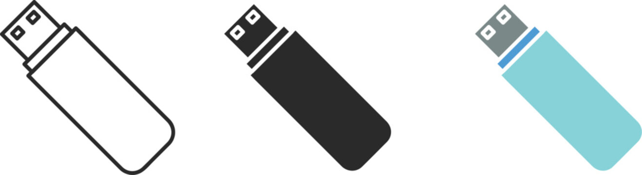 USB flash drive vector icon set representing data storage, transfer, and digital device concepts.