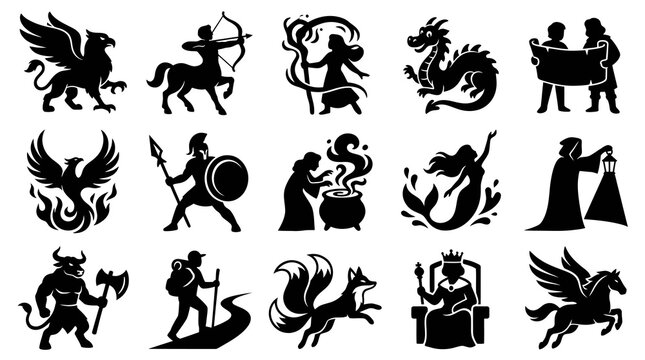 Mythical Creatures  Fantasy Icons: Black and White Glyph Style Vector Art