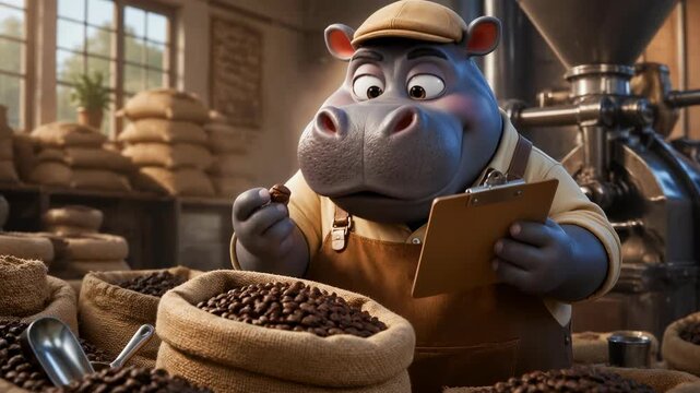 A charming hippo in a flat cap and apron inspects a single coffee bean in a professional roastery environment, capturing the meticulous process of quality bean selection for artisanal coffee productio