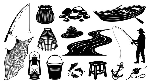 Black and White Fishing Icons: Rod, Boat, Net, and Fisherman Silhouette