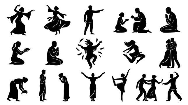 Black and white silhouettes of dancers and people in various poses