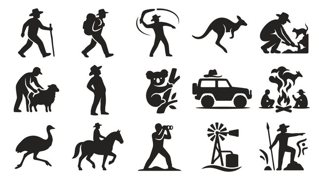 Australian Outback Travel  Culture Glyph Icons Set - Nature, Wildlife  Adventure Silhouettes
