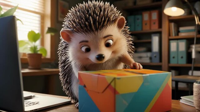 A cheerful animated hedgehog carefully seals a colorful cardboard box with tape, showcasing a productive moment in a cozy office environment for online shopping and shipping business concepts.