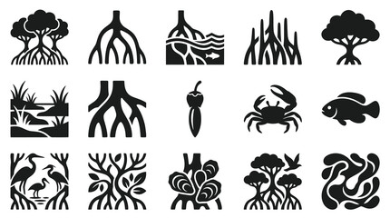 Obraz premium Wetland Mangrove Environment Black and White Solid Glyph Icons Set