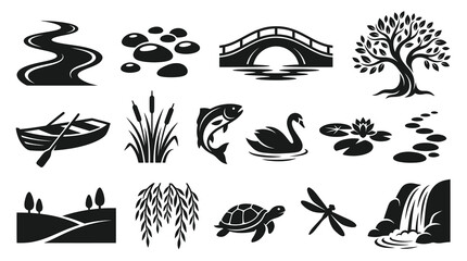 Fototapeta premium Nature Icons Set: River, Rocks, Bridge, Tree, Boat, Reeds, Fish, Swan, Lily Pads, Path
