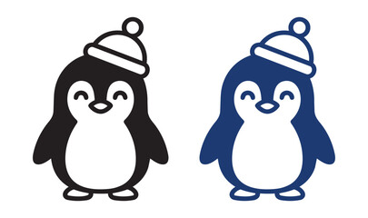 Fototapeta premium Adorable cartoon penguin characters wearing a cozy winter hat appear in solid black and blue versions