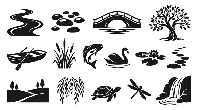Nature Icons Set: River, Rocks, Bridge, Tree, Boat, Reeds, Fish, Swan, Lily Pads, Path