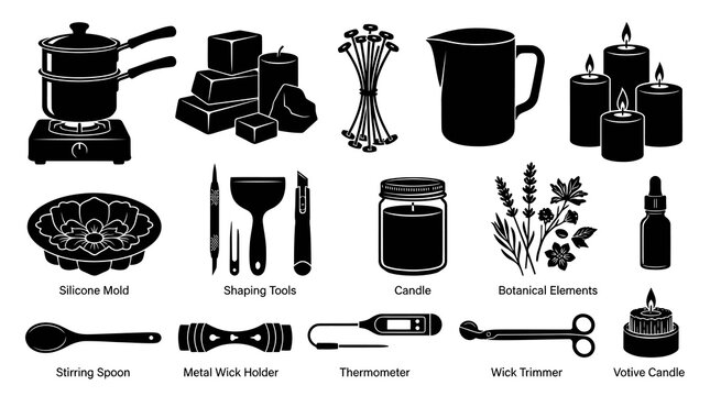 DIY Candle Making Supplies Icons Set. Black and White Craft Tools  Elements Glyphs