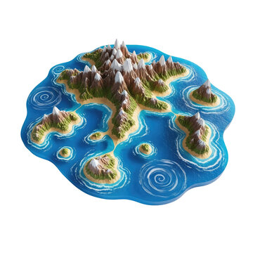 Top view of a miniature 3D rendered archipelago with snowy mountain islands and swirling ocean currents.