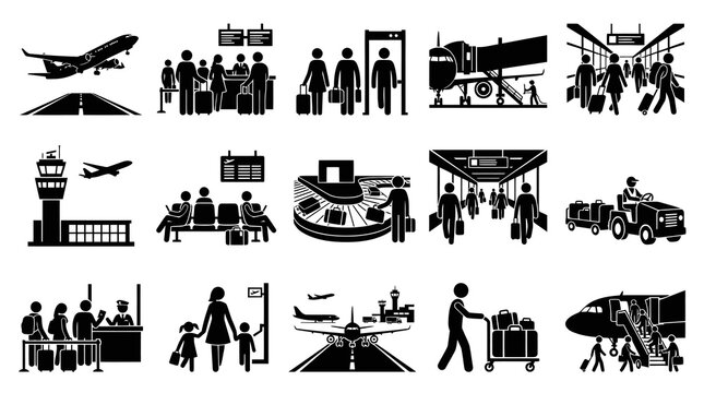 Airport Pictograms: Travel, Transportation, Luggage, Arrival, Departure, Glyphs