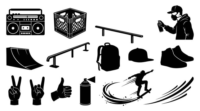Black  White Silhouette Icons: Skateboarder, Graffiti, Boombox, Backpack, Shoes, Ramp