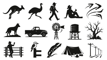 Plakat Australian Outback Icons Wildlife Silhouettes - Rural Vector Glyphs
