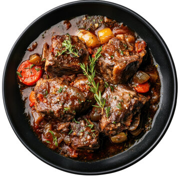  Top view of a delicious looking osso buco on a dark ceramic plate isolated [Transparent Background PNG].