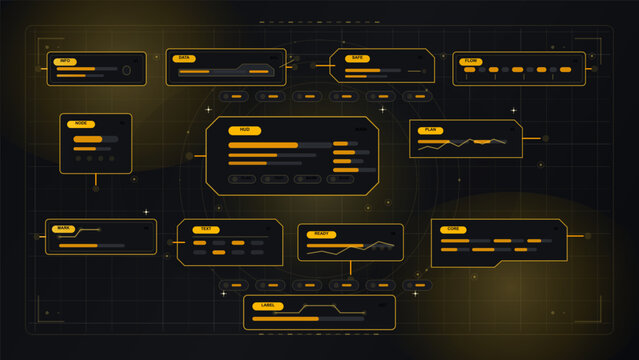 Futuristic dark HUD interface layout with glowing amber data panels, line charts, progress bars, nodes, and technical grid screen background