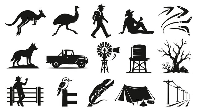 Australian Outback Icons  Wildlife Silhouettes - Rural Vector Glyphs