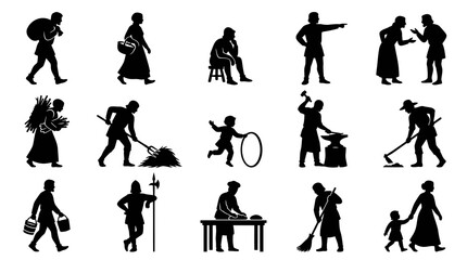 Fototapeta premium Medieval Life Silhouettes: People Working, Farming, Crafting - Black White Glyphs