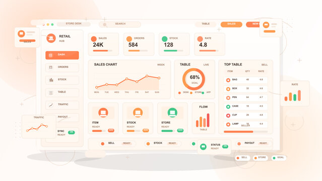 Retail sales dashboard vector with store desk sidebar, KPI cards, weekly sales chart, stock panels, top table and orange interface layout