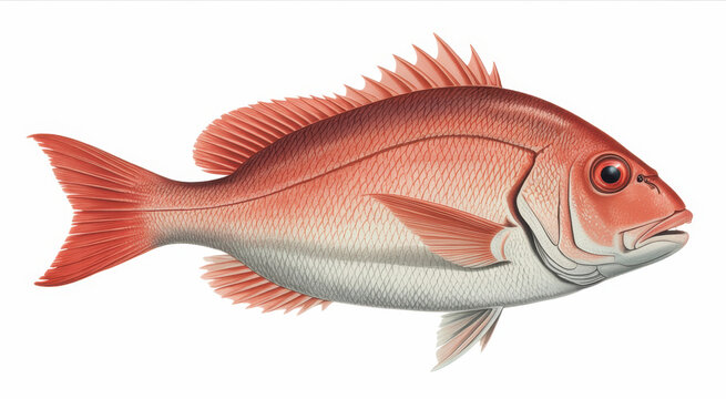 Detailed of a red snapper fish with scales and fins isolated on a white background