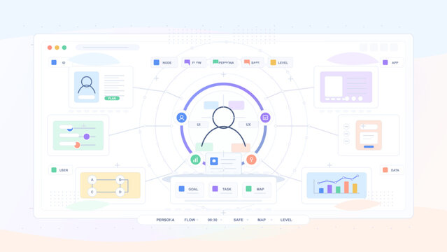 Pastel vector user persona workflow dashboard with central profile icon, circular UX map, connected panels, charts and app interface cards