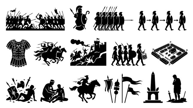 Ancient Rome Military War History Vector Silhouette Icon Set