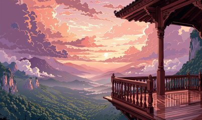 Traditional wooden pagoda balcony overlooking a vast mountain valley during a vibrant pink sunset, flat vector illustration. © SABIHA