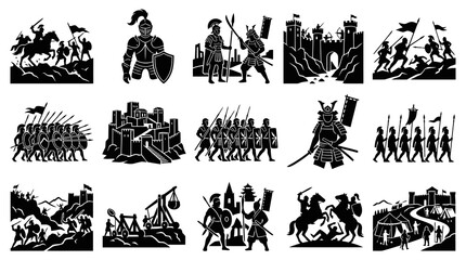 Fototapeta premium Black and White Medieval Warfare Silhouettes: Knights, Castles, Armies