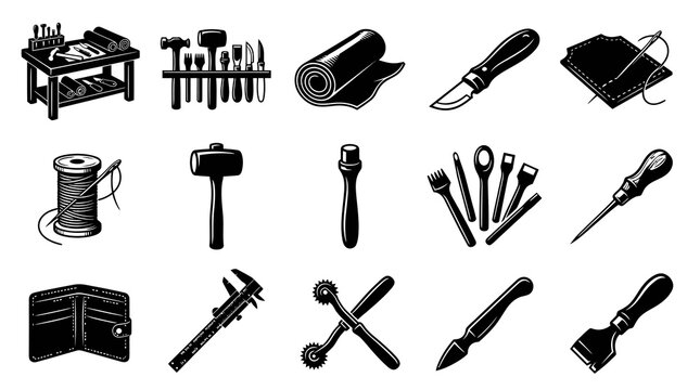 Leather Working Tools  Equipment Black  White Glyph Icons Set