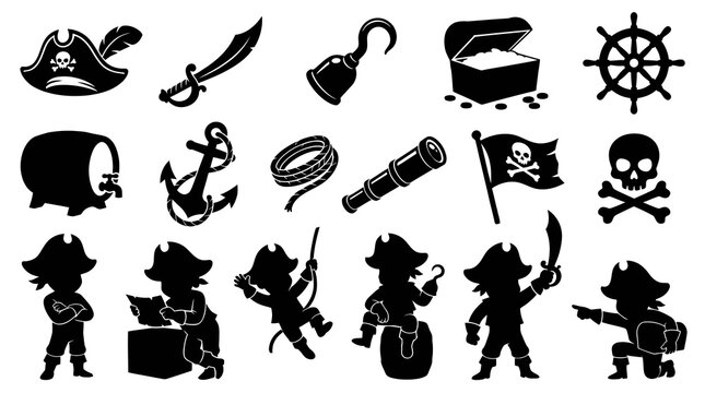 Pirate Icons Silhouette Set: Treasure Chest, Ship Wheel, Skull  Crossbones