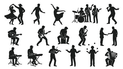 Fototapeta premium Black and White Silhouettes of Musicians Performing and Dancers