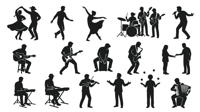 Black and White Silhouettes of Musicians Performing and Dancers
