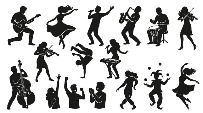 Black and White Silhouettes of Musicians and Dancers Performing on Stage