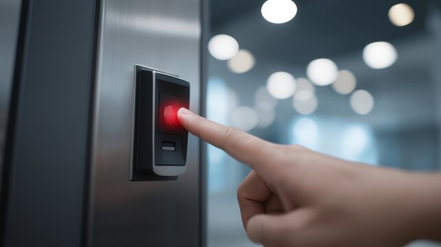 Fingerprint scanner denying access with red error light, symbolic still life of biometric security failure on industrial metal surface under harsh overhead lighting, perfect for authentication