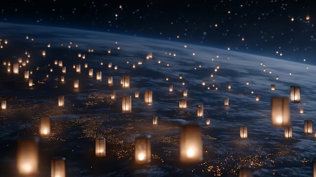 Memorial service attendees release biodegradable urns containing ashes into Earth orbit, creating eternal celestial resting place among stars and satellites, perfect for space burial commemoration