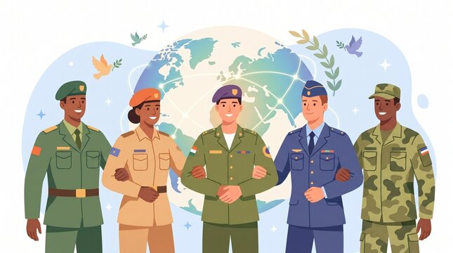 Illustration of five diverse military personnel standing in front of a globe with a light blue background and various decorative elements.