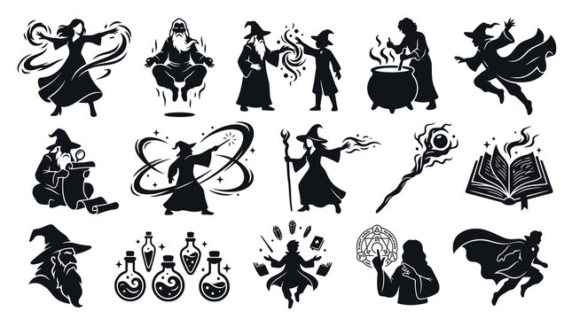 Fantasy Magic Witch Wizard Silhouette Glyphs with Spells, Potions,  Mystical Elements