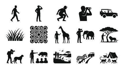 Naklejka premium Safari Wildlife Black and White Glyph Icons Set - Animals, People Adventure