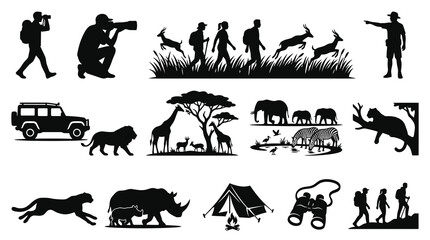 Naklejka premium African Safari Silhouette Icons: Wildlife, Safari Vehicle, Tourists, Camp