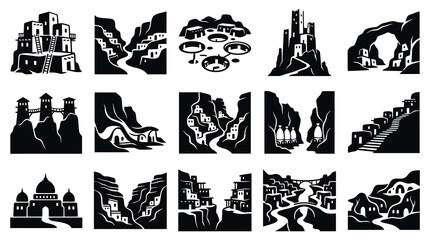 Obraz premium Black White Glyph Style Set of Ancient Settlements and Architecture