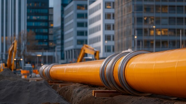 Underground district heating pipes being installed in urban street trench, orange insulated tubes connecting buildings, steam rising in golden hour light, ideal for communal thermal energy,