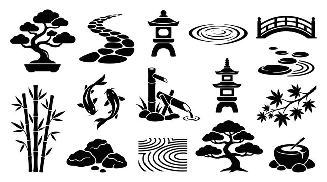 Japanese Garden Icons - Bonsai, Koi, Pagoda, Bridge, Bamboo, Stone Lantern